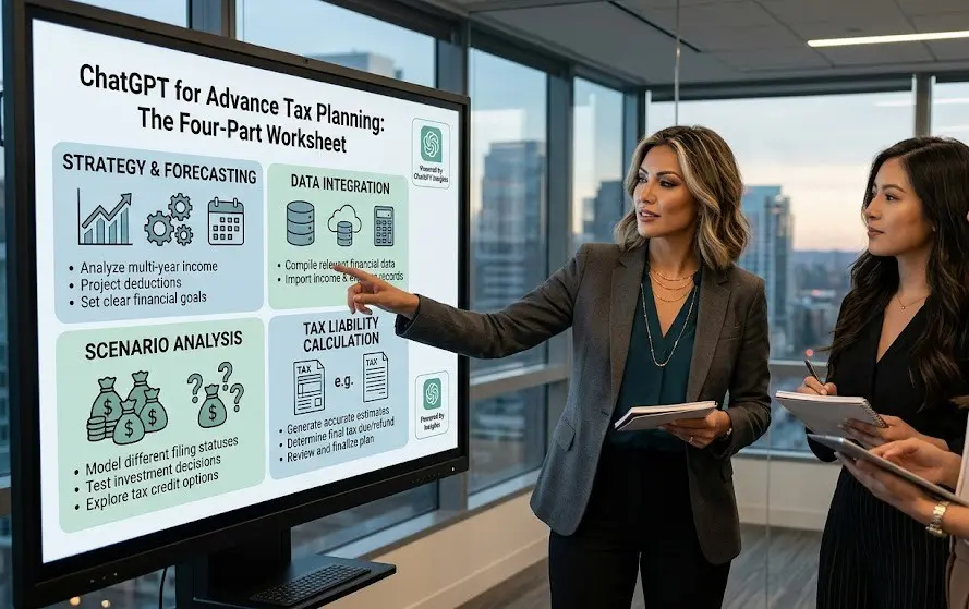 ChatGPT for advance tax planning using a four-part worksheet for estimating income, tax liability, and advance tax payments