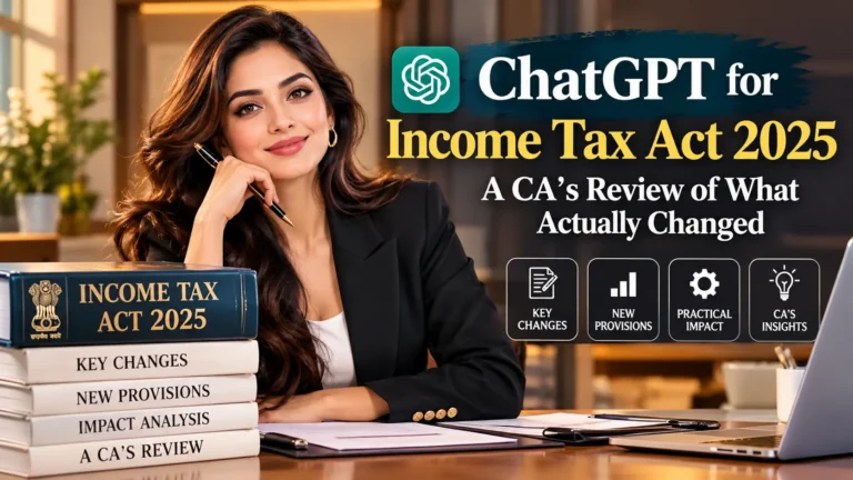ChatGPT for Income Tax Act 2025 with an elegant professional woman reviewing key tax changes, new provisions, practical impact, and a CA’s analysis.