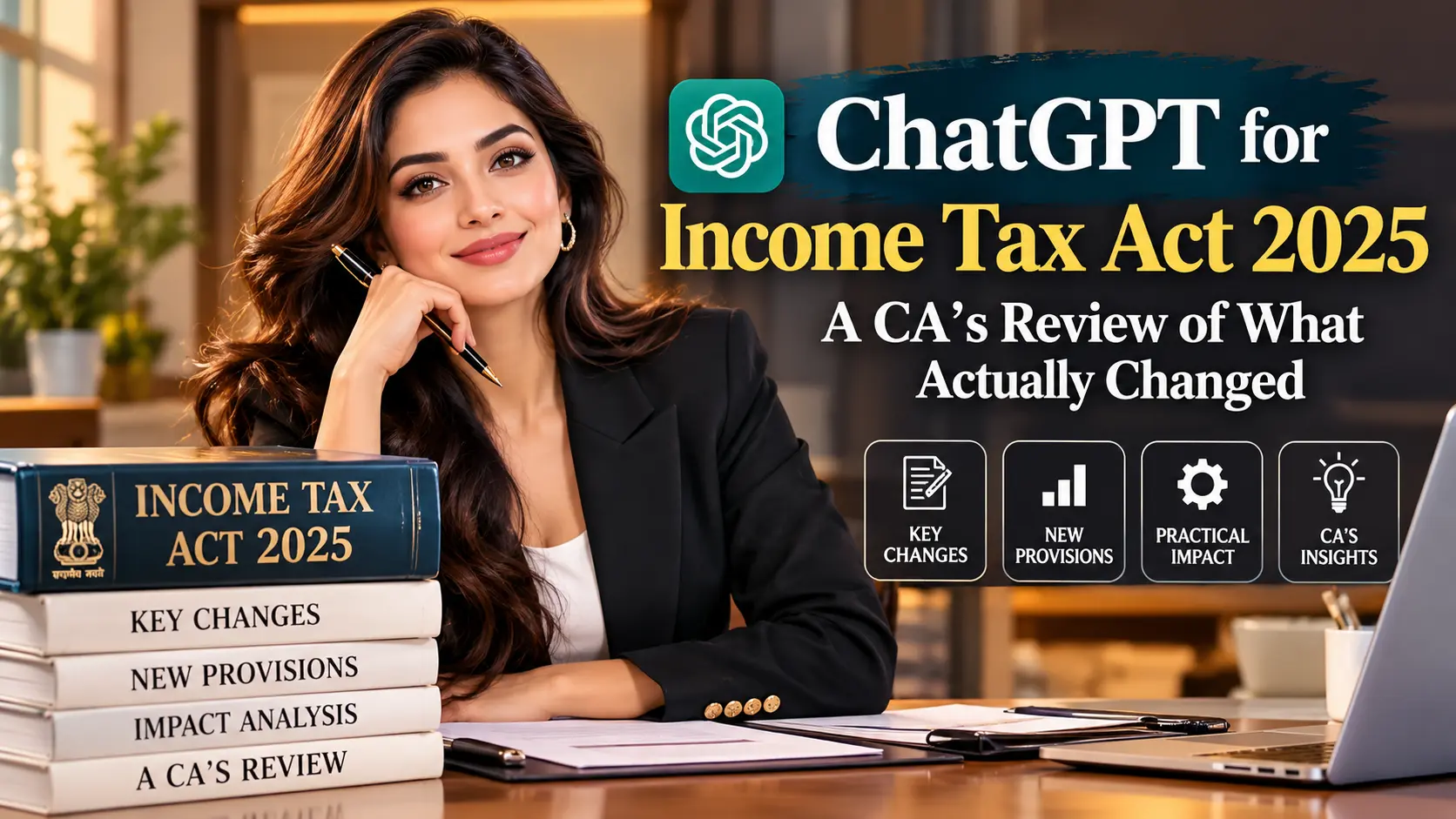 ChatGPT for Income Tax Act 2025 with an elegant professional woman reviewing key tax changes, new provisions, practical impact, and a CA’s analysis.